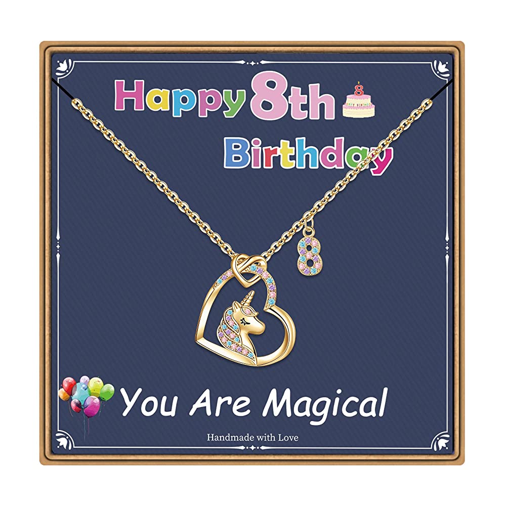 Turandoss 18K Gold Heart Unicorn Necklace for Girls - Dainty Zircon Pendant Necklace for Kids, Birthday Gifts for girls 3-8 Year Old, 18+2.5Inches