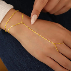 Turandoss 2PCS Gold Hand Chain Bracelet for Women - Dainty 18K Gold Layered Link Chains, Finger Ring Hand bracelets Stack, Christmas Gifts, 6+2In