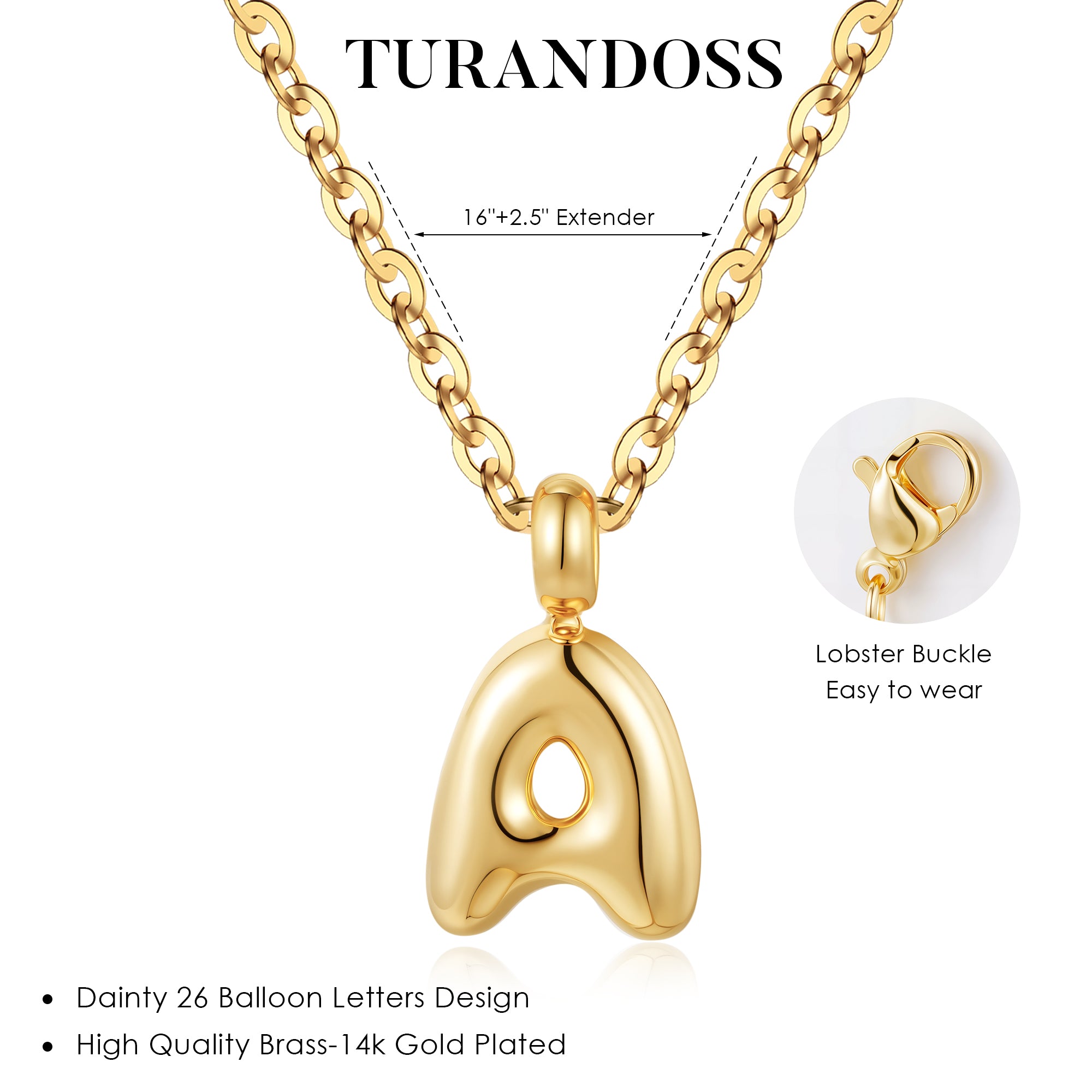 Turadnoss Gold Initial Necklace for Women Girls - 18K Gold Plated Small Bubble Letter Necklace, Jewelry for Women Birthday Gifts for girls, 16+2.5In