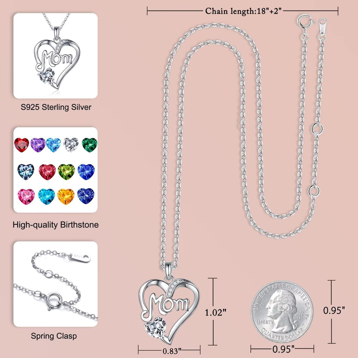 Turandoss 925 Sterling Silver Mom Necklace Heart Birthstone Necklace Gifts for Mom Anniversary Valentines Mothers Day Birthday Jewelry Gifts for Mom