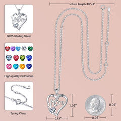 Turandoss 925 Sterling Silver Mom Necklace Heart Birthstone Necklace Gifts for Mom Anniversary Valentines Mothers Day Birthday Jewelry Gifts for Mom