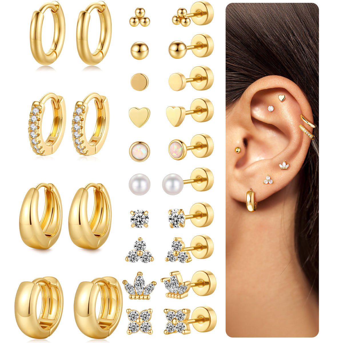 Turandoss 14Pairs Flat Back Stud Earrings for Women Girls, Heart Pearl CZ Hoop Huggie Cartilage Earring, Birthday Valentine's Day Gifts for Wife Mom