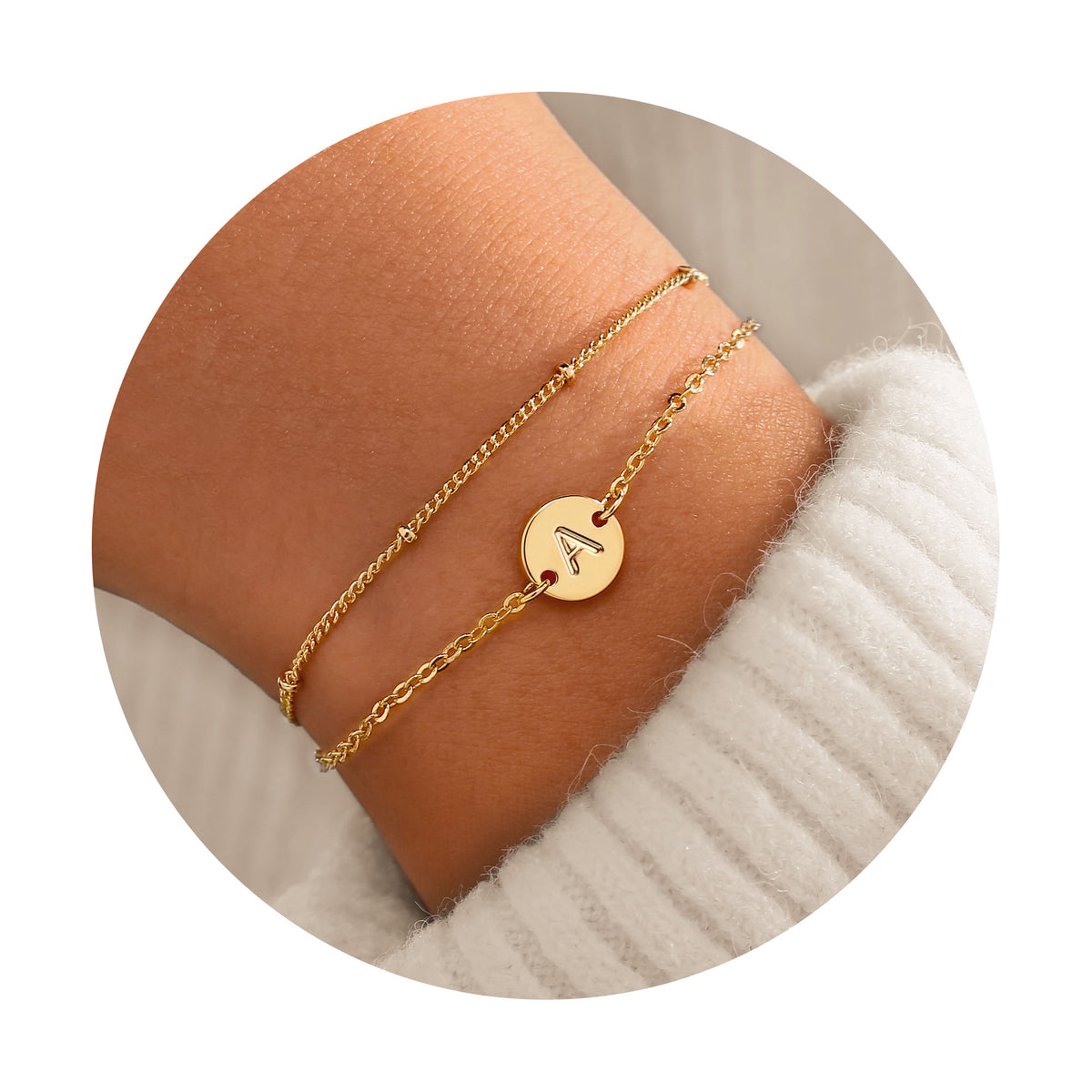 Turandoss 14K Gold Plated Dainty Charm Disc Layered Initial Link Bracelet for Women Letter Jewelry Birthday Teacher Appreciation Mothers Day Graduation Gifts for Her Mom Kids Teen Girls Wife Ideas