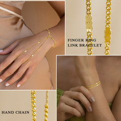 Turandoss 2PCS Gold Hand Chain Bracelet for Women - Dainty 18K Gold Layered Link Chains, Finger Ring Hand bracelets Stack, Christmas Gifts, 6+2In