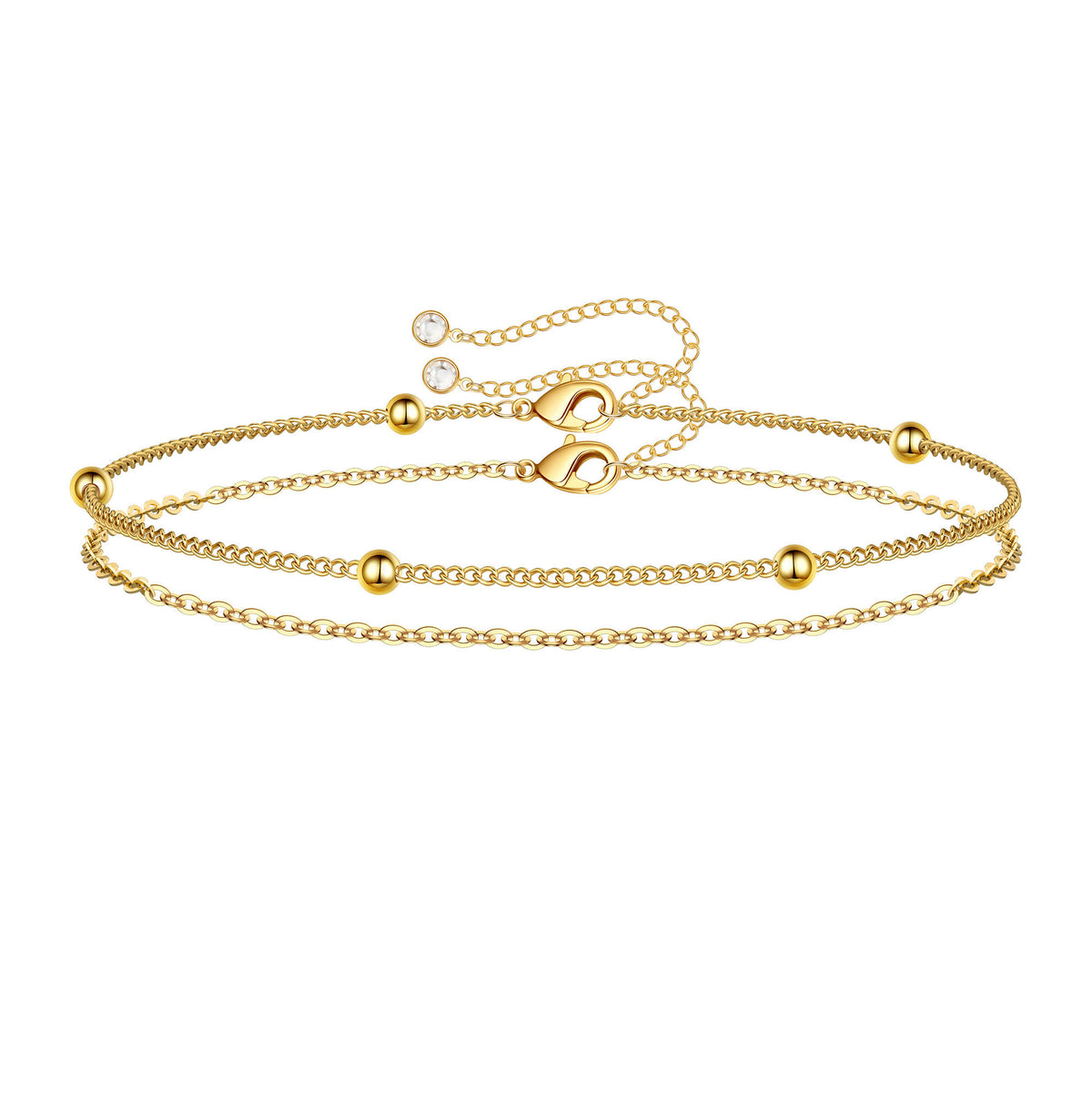 Turandoss 2PCS Dainty Layered Chain Bracelets for Women Girls, 18K Gold Cute Stack Satellite Beaded Bracelet Hypoallergenic, Jewelry Gifts for Women