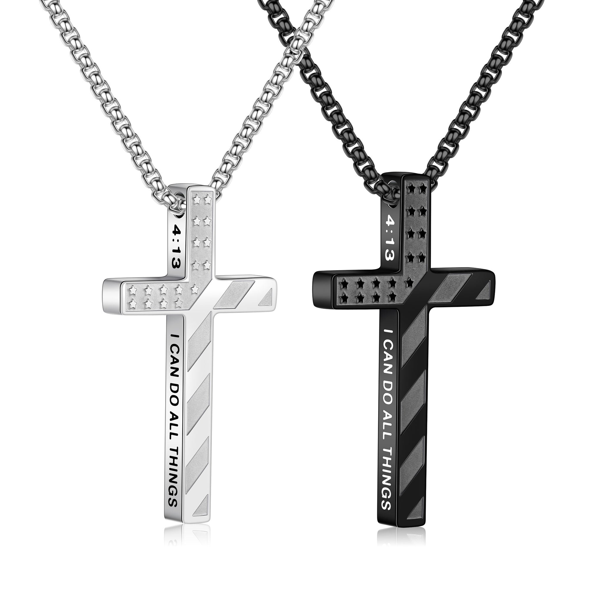 Truandoss 2Pcs Silver Black Cross Necklace for Men Boys - Stainless Steel American Flag Cross Pendant Necklaces,  Fathers Day Christmas Jewelry  Gifts