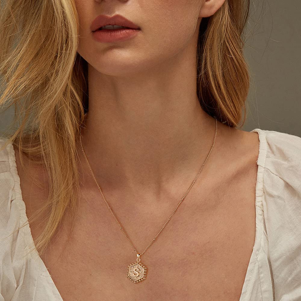 Gold Layered Initial hexagon letter Necklace for Women