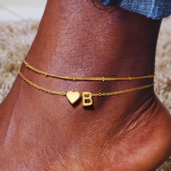 Turandoss 14K Gold Plated Initial Ankle Bracelets for Women - Layered Heart Letter A-Z Dainty Anklets for Women Waterproof, Anklets Jewelry Personalized Birthday Gifts for Women Teen Girls