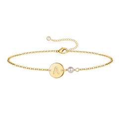 Turandoss 18K Gold Initial Bracelets for Women Girls - Dainty Coin Disc Letter Link Charm Bracelet, Pearl Bracelet, Christmas Gifts for Women Girls