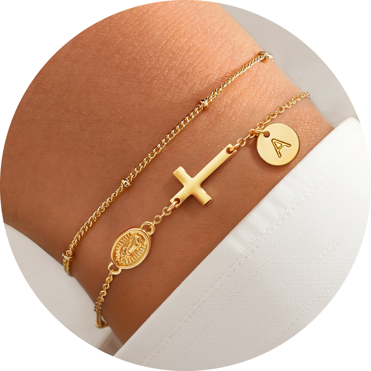 Turandoss 18K Gold Cross Bracelets for Women Girls, Dainty Disc Initial Charm Bracelet Stack, Birthday Gifts, Valentine's Day Gifts for Women Girls