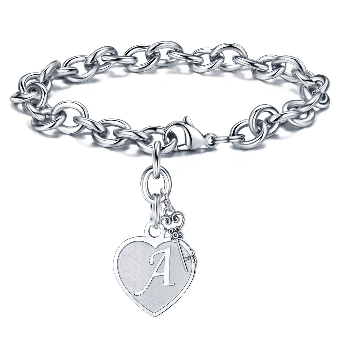 Turandoss Silver Initial Charm Bracelet for Grils Women, Stainless Steel Heart Letter Chain Bracelets, Birthday Gifts, Valentine's Day Gifts for Girls