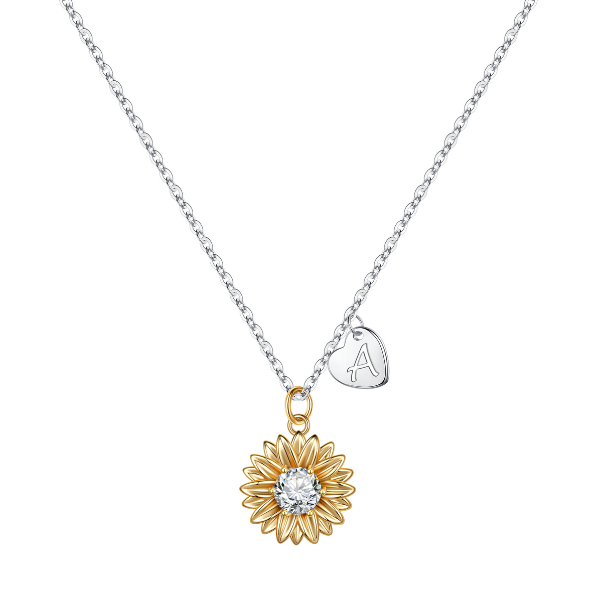 Turandoss Gold Sunflower Pnedant Necklace for Women Girls, Silver Heart Initial Necklaces with Zircon, Birthday Gift, Valentine's Day Gifts for Women