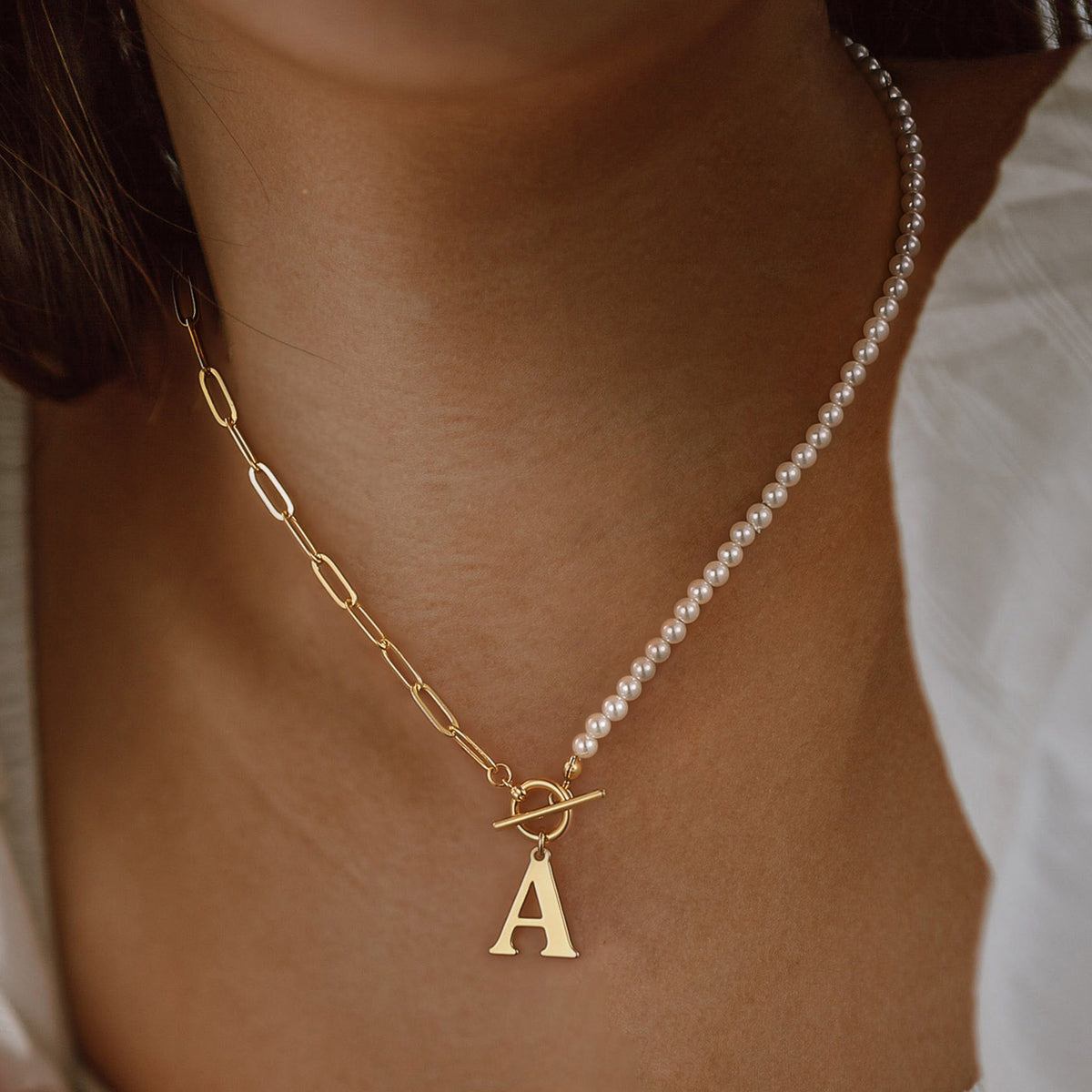 Turandoss 18K Gold Initial Pearl Necklace for Women Girls, Paperclip Link Chain Necklace, Letter Choker Necklaces, Gold Jewelry for Women, 14+2Inches