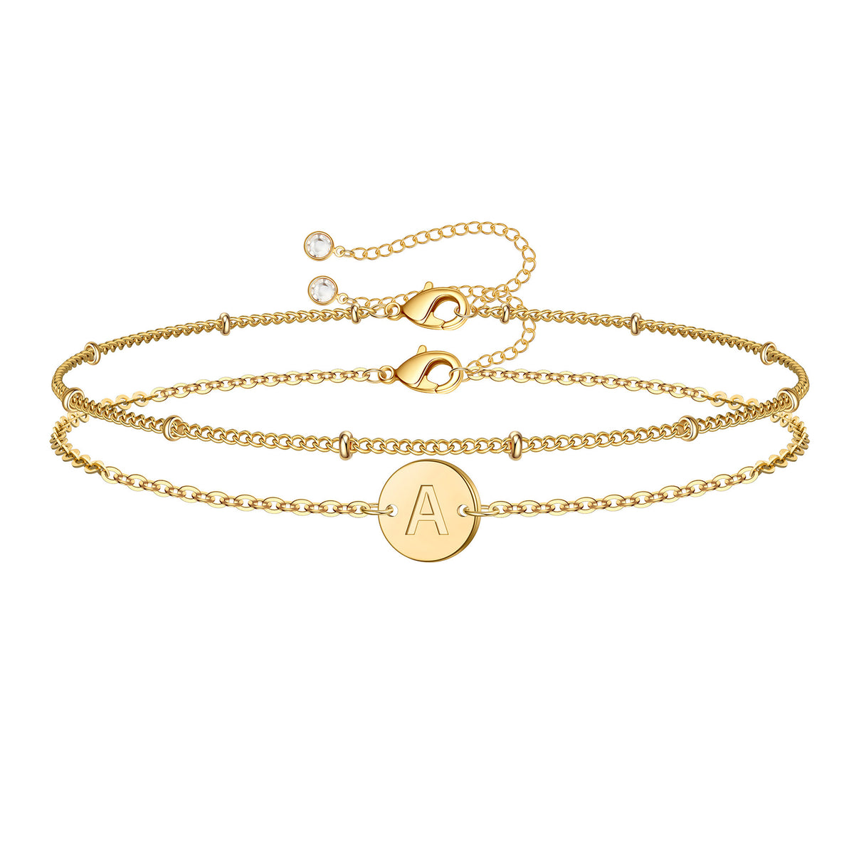 Turandoss 14K Gold Plated Layered Initial Bracelets for Women Dainty Disc Charm Chain Trendy Jewelry Birthday Teacher Appreciation Mothers Day Graduation Gifts for Her Mom Kids Teen Girls Wife Ideas