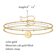 Turandoss 14K Gold Plated Initial Bracelets for Girls Adjustable Layered Disc Monogram Charm Personalized Letter A-Z Kids Birthday Gifts for Women Teen Girls Ages 12-14