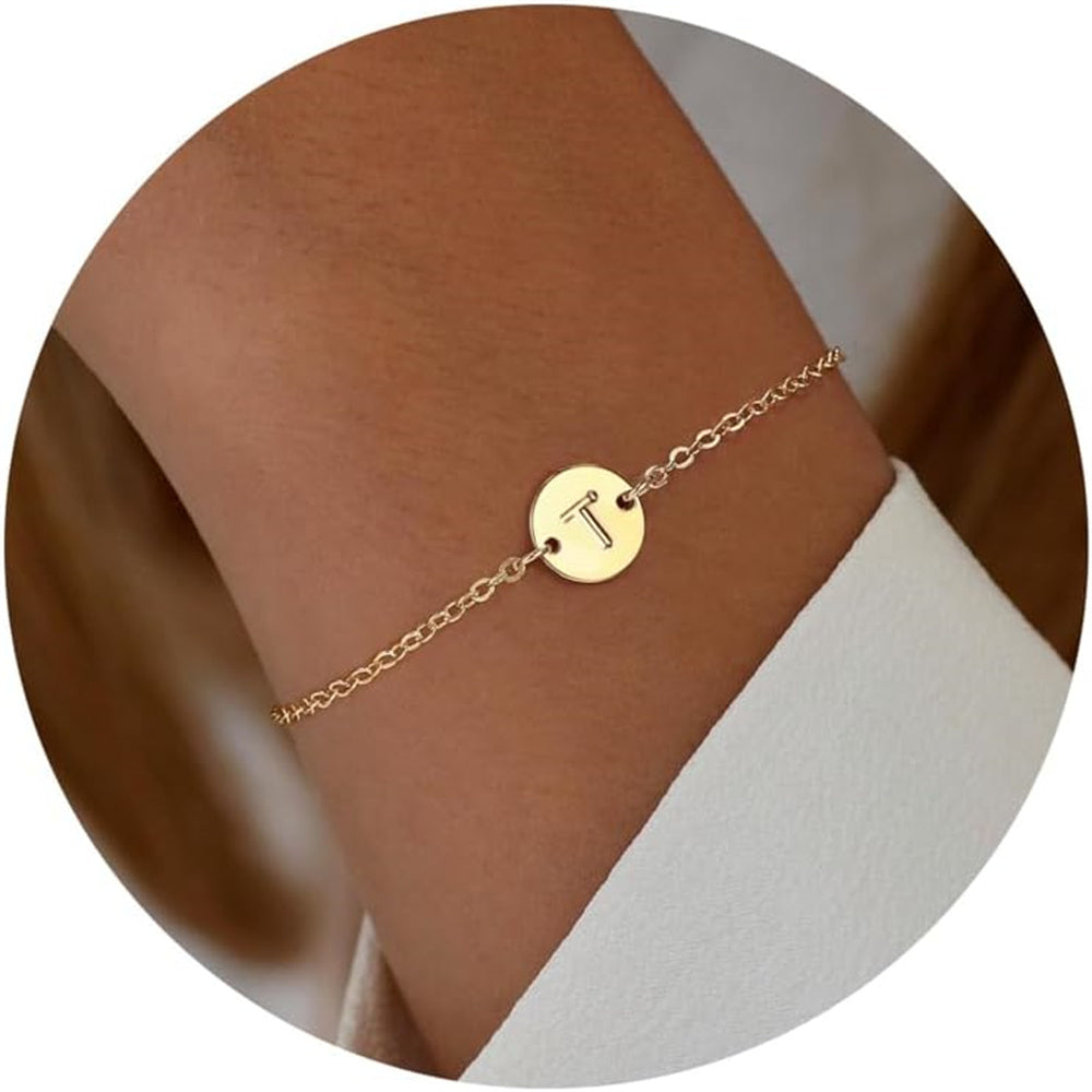 Turandoss Gold Initial Bracelet for Women - 18K Gold Plated Initial T Personalized Letter Bracelet for Women, Dainty Coin Disc Link Charm Bracelet Womens Jewelry Birthday Wedding Gift for Women Girls