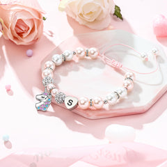 Turandoss Initial Pink Pearl Unicorn Pendant Rope Bracelets for Girls Heart Charm Trendy Jewelry Birthday Teacher Appreciation Mothers Day Graduation Gifts for Her Mom Kids Teen Girls Wife Ideas