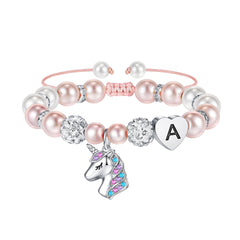 Turandoss Initial Pink Pearl Unicorn Pendant Rope Bracelets for Girls Heart Charm Trendy Jewelry Birthday Teacher Appreciation Mothers Day Graduation Gifts for Her Mom Kids Teen Girls Wife Ideas