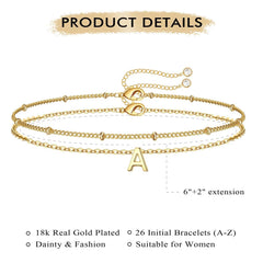 Turandoss Dainty Charms 18K Gold Plated Initial Simple Layered Bracelets Set for Women Jewelry Set Birthday Teacher Appreciation Mothers Day Graduation Gifts for Her Mom Kids Teen Girls Wife Ideas