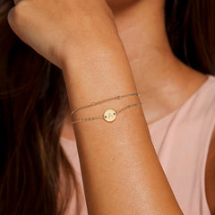 Turandoss 14K Gold Plated Dainty Charm Disc Layered Initial Link Bracelet for Women Letter Jewelry Birthday Teacher Appreciation Mothers Day Graduation Gifts for Her Mom Kids Teen Girls Wife Ideas