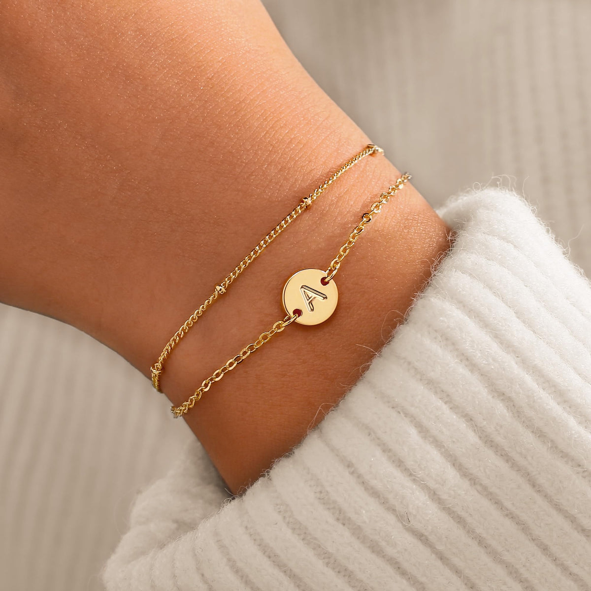 Turandoss 14K Gold Plated Dainty Charm Disc Layered Initial Link Bracelet for Women Letter A-Z Jewelry Personalized Birthday Gift for Women Sister