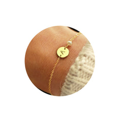 Turandoss 18K Gold Initial Bracelets for Women Girls - Dainty Coin Disc Letter Link Charm Bracelet, Pearl Bracelet, Christmas Gifts for Women Girls