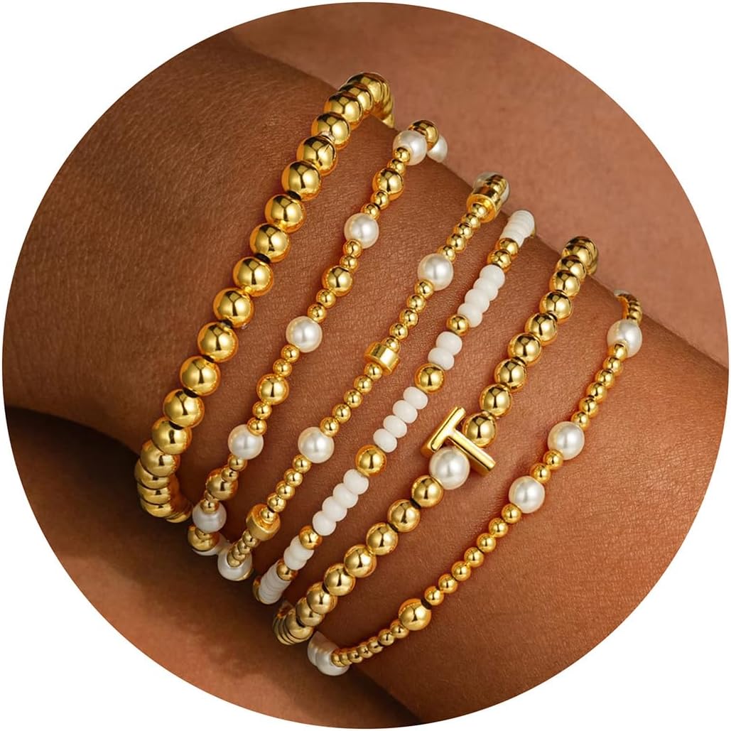 Turandoss 6 Pcs Stacked Beaded Boho Handmade Pearl Initial Bracelet for Women Girls Gifts, Dainty Bracelets for Women, A-Z Letter Bracelet Strand Stretch Jewelry Set Birthday Bridesmaid Wedding Gifts