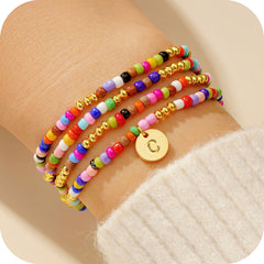 Turandoss 14K Gold Plated Beaded Initial Bracelet for Women Girls, Colorful Letter Charm Stack Bracelets, Birthday Gifts for Girls, 6.5In, A