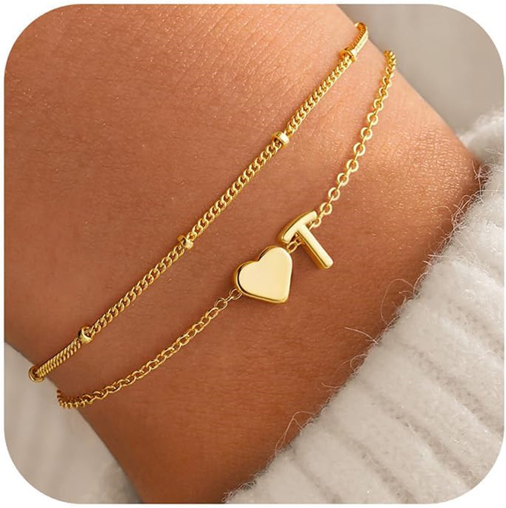 Turandoss 14K Gold Plated Dainty Charm Layered Initial Heart Link Bracelet for Women Letter A-Z Jewelry Personalized Birthday Wedding Gift for Women Girls