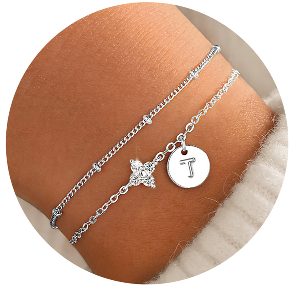Turandoss Initial Bracelets for Women - Dainty Bracelets for Women Letter T Bracelet Disc Monogram Initial Bracelet Jewelry Personalized Gifts