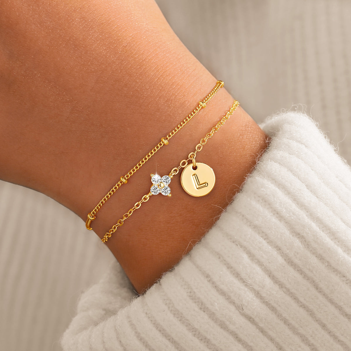 Turandoss 18K Gold Initial Bracelets for Women Girls - Dainty Layered Letter Charm Bracelet, Zircon Link Bracelet, Christmas Gifts for Women Girls