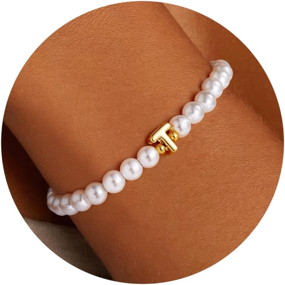 Turandoss Teacher Appreciation Gifts for Women - Beaded Pearl Initial T Charm Bracelets for Women Trendy Teacher Thank You Graduation Retirement Gifts Idea
