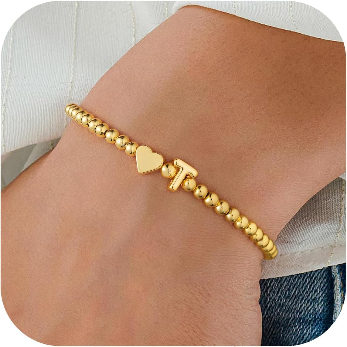 Turandoss Teacher Appreciation Gifts for Women Girls - 14K Gold Plated Beaded Heart Initial T Charm Bracelets for Women Trendy Teacher Thank You Graduation Retirement Gifts Idea