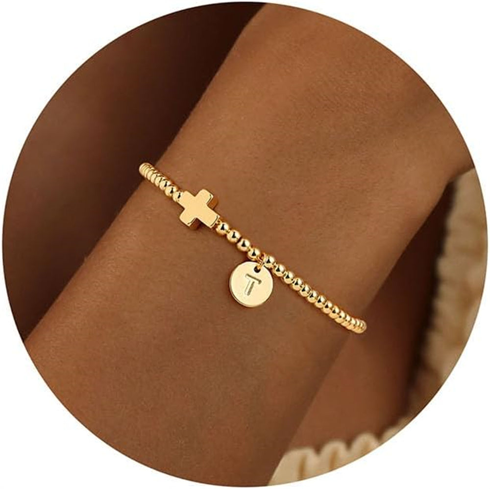Turandoss Cross Initial Bracelets - Letter T Bracelets Gifts Trendy Cross Bracelet Gold Plate Cute Tiny Beaded Initial Bracelet Dainty Jewelry, Communion Baptism Religious Christian Gifts for Women
