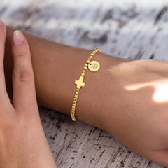Turandoss Cross Initial Bracelets - Letter T Bracelets Gifts Trendy Cross Bracelet Gold Plate Cute Tiny Beaded Initial Bracelet Dainty Jewelry, Communion Baptism Religious Christian Gifts for Women