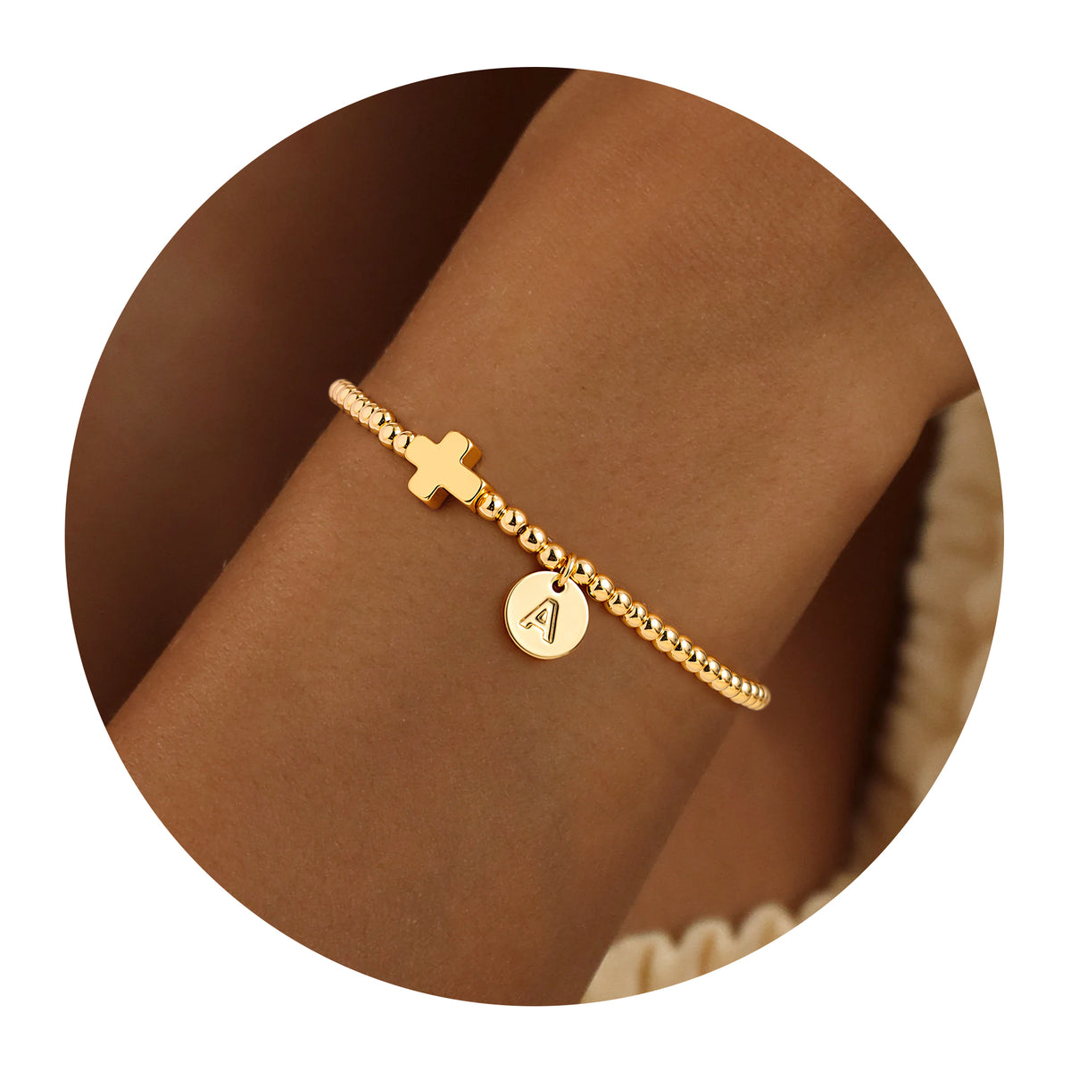 Turandoss 18K Gold Initial Bracelets for Women Girls - Dainty Disc Letter Beaded Cross Bracelet Stretch, Communion Gifts for Girls, Jewelry for Women
