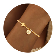 Turandoss 18K Gold Initial Bracelets for Women Girls - Dainty Disc Letter Beaded Cross Bracelet Stretch, Communion Gifts for Girls, Jewelry for Women