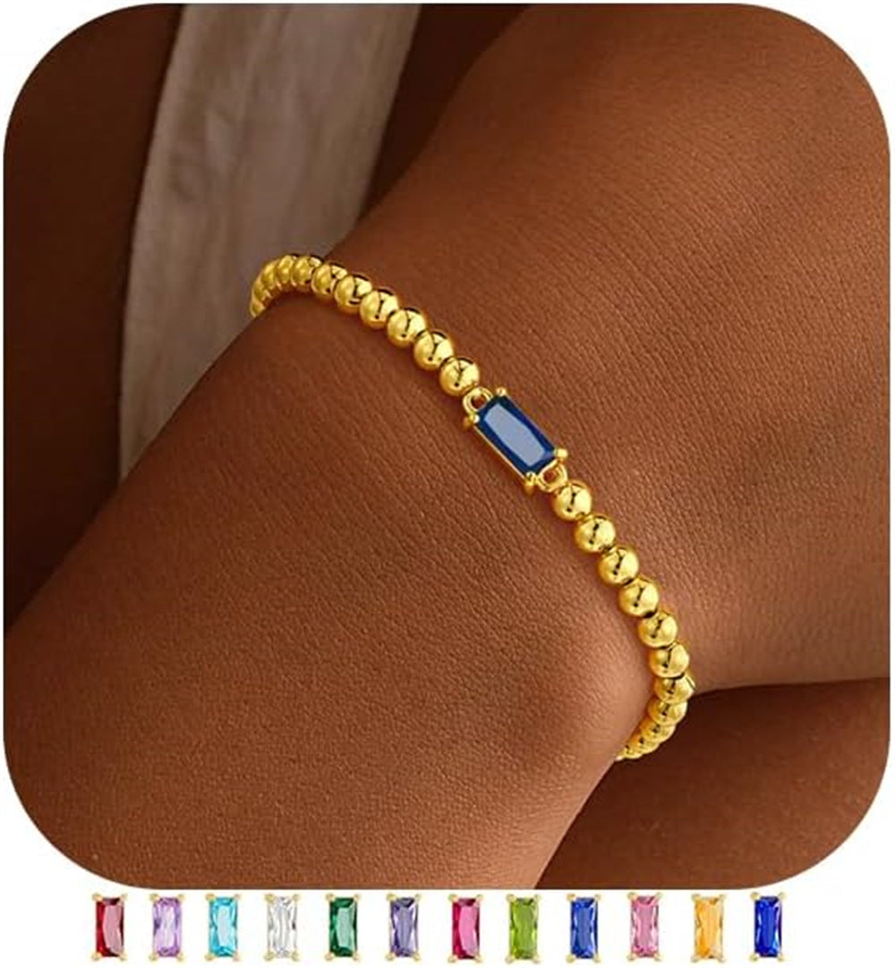 Turandoss December Birthstone Bracelet for Women - Dainty Blue 14K-Gold-Plated Birthstone Elastic Bead Bracelets Trendy Friendship Jewelry Gifts for Women