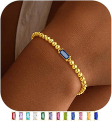 Turandoss December Birthstone Bracelet for Women Dainty Blue 14K-Gold-Plated Birthstone Elastic Bead Bracelets Trendy Friendship Jewelry Mothers Day Giftss for Women Girls