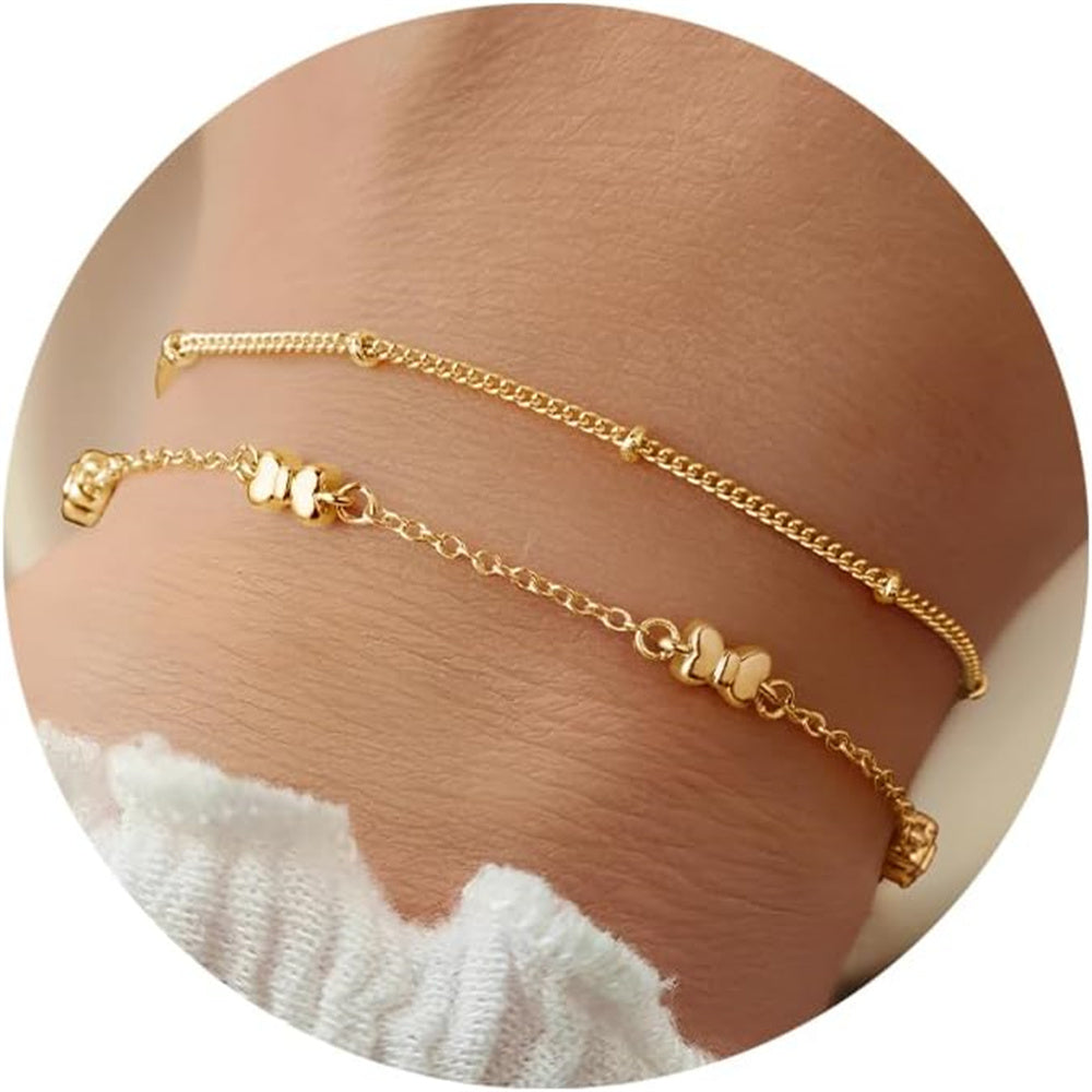 Turandoss Gold Plated Chunky Bow Bracelets for Women, Dainty Cute 14K Gold Butterfly Bracelet Double Layered Bracelet Stackable Bracelet Set, Birthday Gift for Wife Mom Non Tarnish Jewelry Fashion