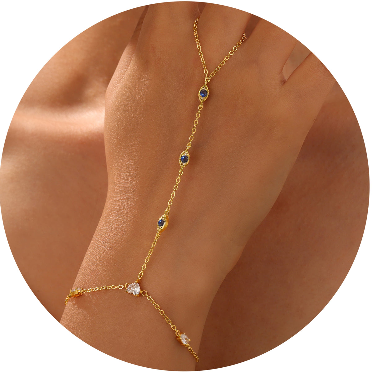 Turandoss Hand Chain Bracelets for Women Trendy - Dainty 14K Gold Plated Adjustable Evil Eye Finger Rings Cuff Bracelets Hand Chain Personalized Evil Eye Bracelet Waterproof Jewelry Accessories Gifts