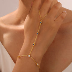 Turandoss Hand Chain Bracelets for Women Trendy - Dainty 14K Gold Plated Adjustable Evil Eye Finger Rings Cuff Bracelets Hand Chain Personalized Evil Eye Bracelet Waterproof Jewelry Accessories Gifts