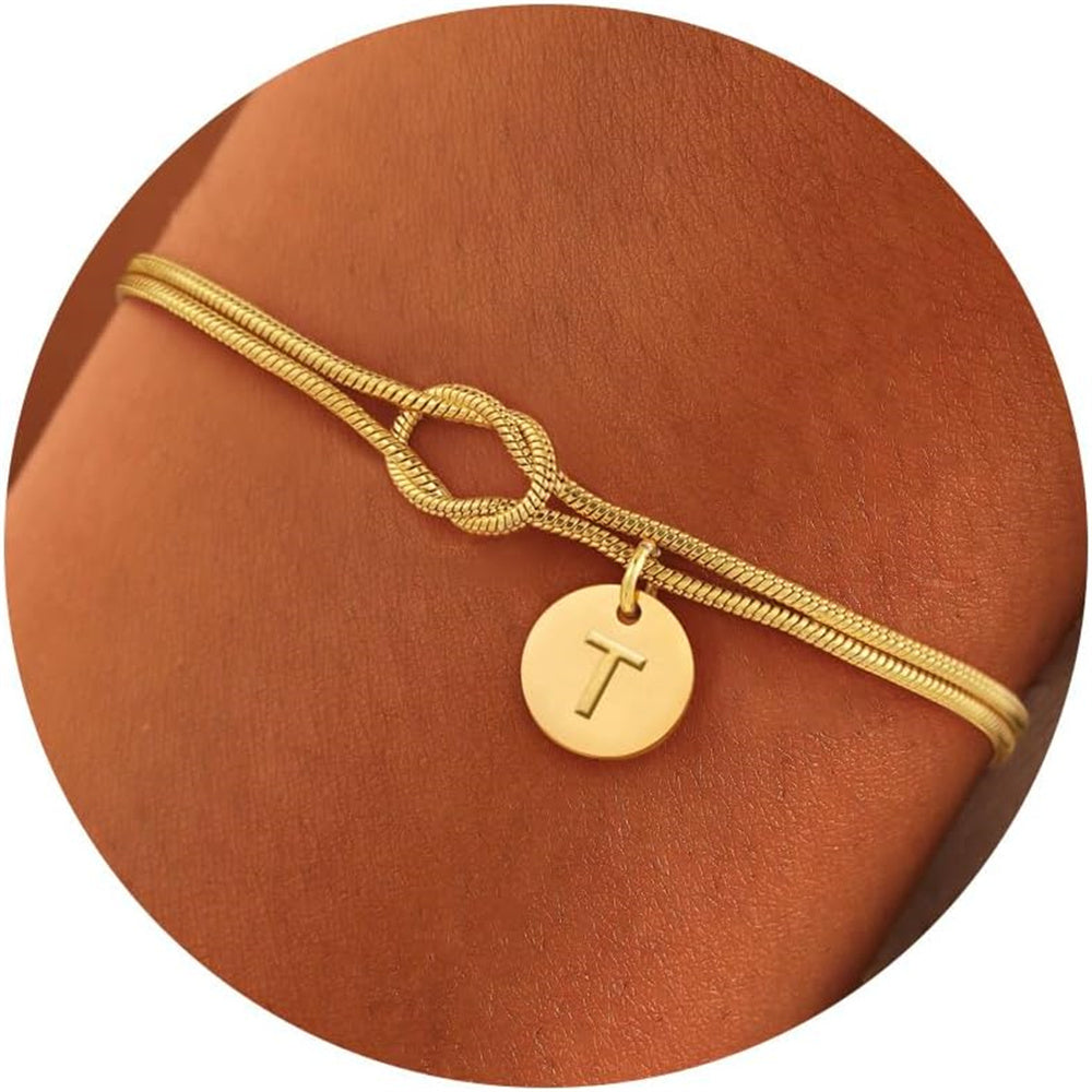 Turandoss 14K-Gold-Plated Bracelets for Women Girls - Dainty 14K-Gold-Plated Plated Knot Disc Charm Initial Pendant Bracelet Personalized Twist Love Pendant Letter T Bracelet Jewelry Gifts for Girls