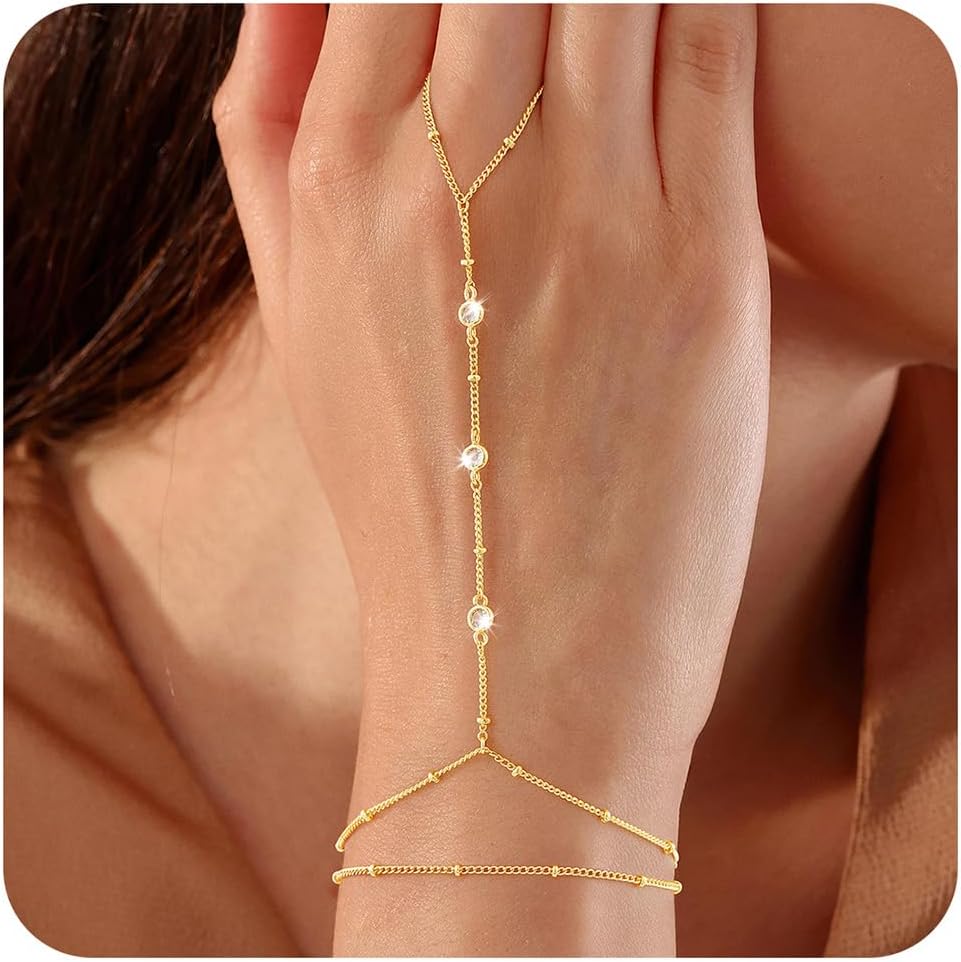 Turandoss 14K-Gold-Plated Hand Chain Bracelet for Women - Dainty Ring Bracelet Hand Chains Tiny Coin Cubic Zirconia Finger Bracelets Ring Hands Chain Jewelry Gift for Women