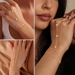 Turandoss 14K-Gold-Plated Hand Chain Bracelet for Women - Dainty Ring Bracelet Hand Chains Tiny Coin Cubic Zirconia Finger Bracelets Ring Hands Chain Jewelry Gift for Women