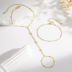 Turandoss 14K-Gold-Plated Hand Chain Bracelet for Women - Dainty Ring Bracelet Hand Chains Tiny Coin Cubic Zirconia Finger Bracelets Ring Hands Chain Jewelry Gift for Women