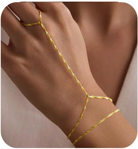 Turandoss Hand Chain Bracelet for Women - Layered Dainty Finger Ring Hand Chains 14K-Gold-Plated Link Bracelets Jewelry Trendy for Women Accessories