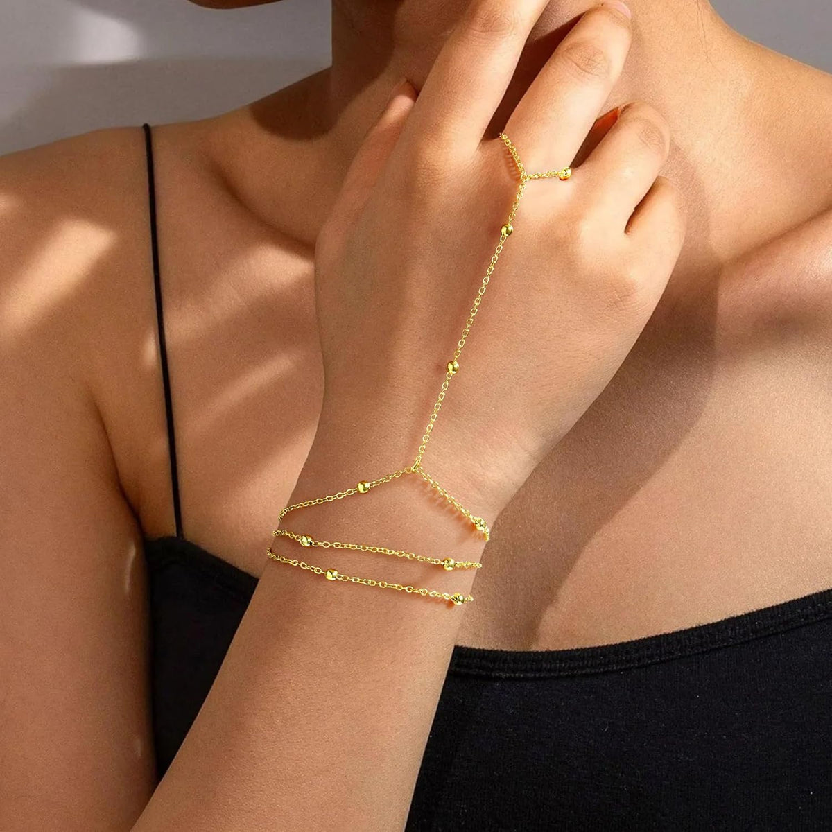 Turandoss Hand Chain Bracelet for Women - Layered Dainty Finger Ring Hand Chains 14K-Gold-Plated Link Bracelets Jewelry Trendy for Women Accessories