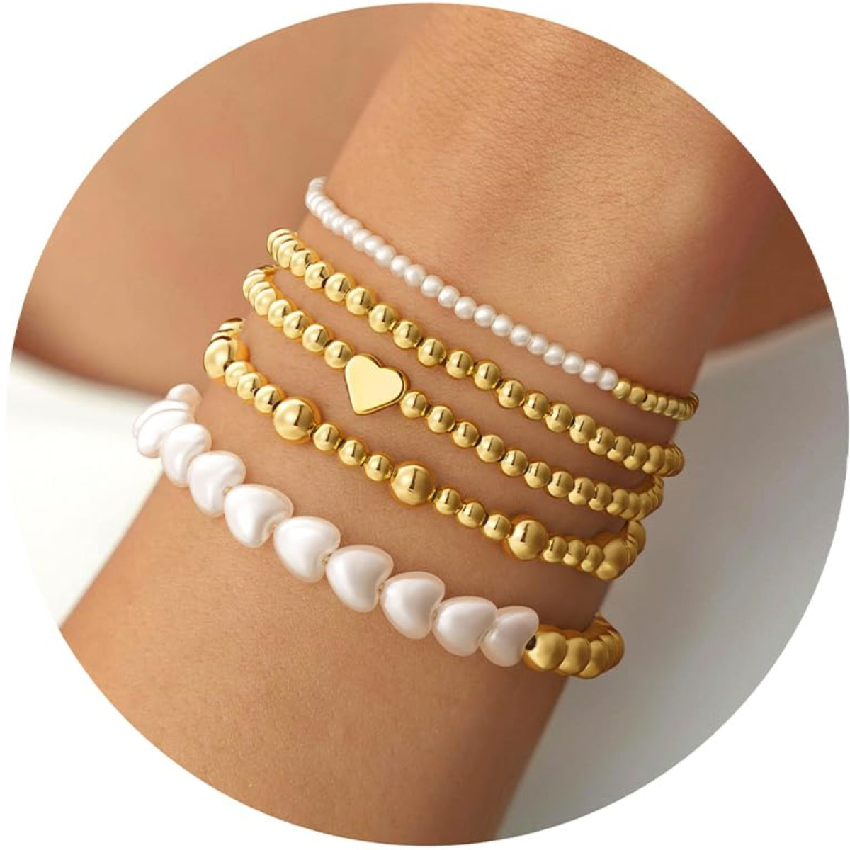 Turandoss 14K Gold Plated Bracelets for Women Trendy - 5Pcs Gold Pearl Heart Beaded Bracelet for Women, Layered Stackable Bracelets Gold Jewelry, Birthday Gifts for Her Mom Girlfriend Wife