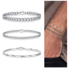 Turandoss Sterling Silver Cuban Link Layered Chain Bracelets Set for Men Herringbone Figaro Wrist Chains 8.3 Sturdy Stainless Steel Birthday Jewelry Gifts for Men Him Fashion